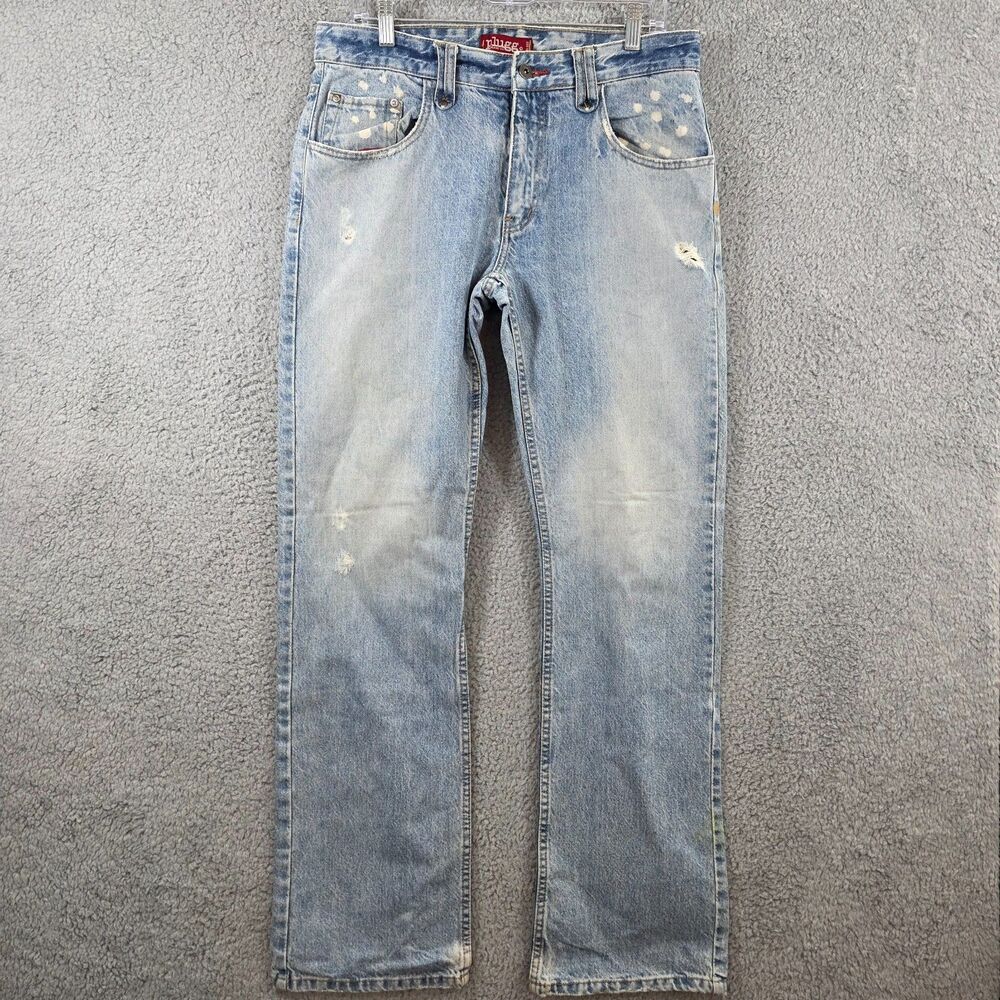 Plugg Men's Bootcut Jeans Blue Distressed Y2K Denim Size 32x34